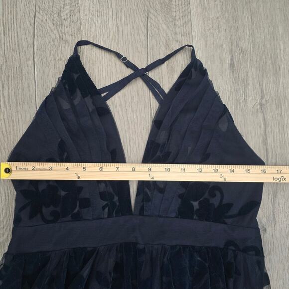 Women’s Navy Mesh Floral Burnout Cocktail Maxi Dress M Romantic Elegant Evening - Picture 9 of 13